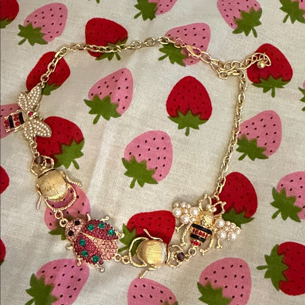 Gold-Tone Beetle & Bee Statement Necklace - Pink & Green Accents